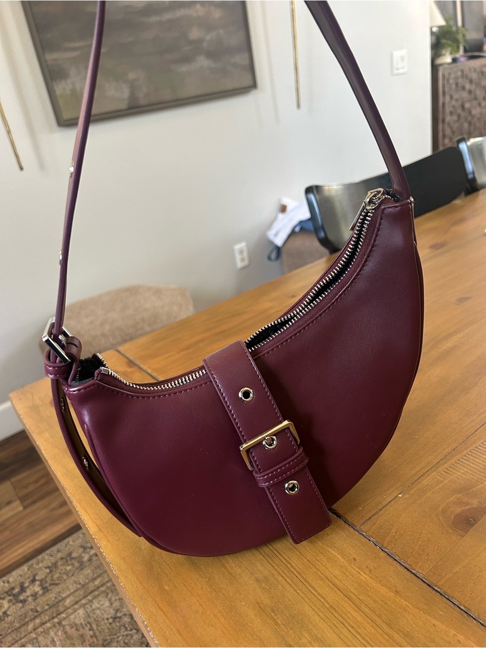 Women's Crescent Shoulder Bag in Deep Burgundy - Picture 4 of 11